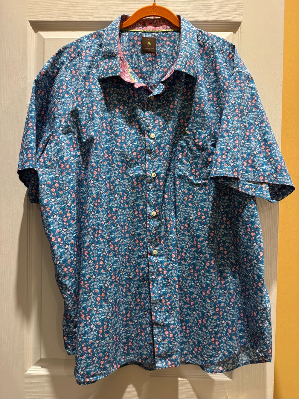 Tailorbyrd Men Blue Pink Floral Short-Sleeve Button-Up Cotton Shirt size 3X